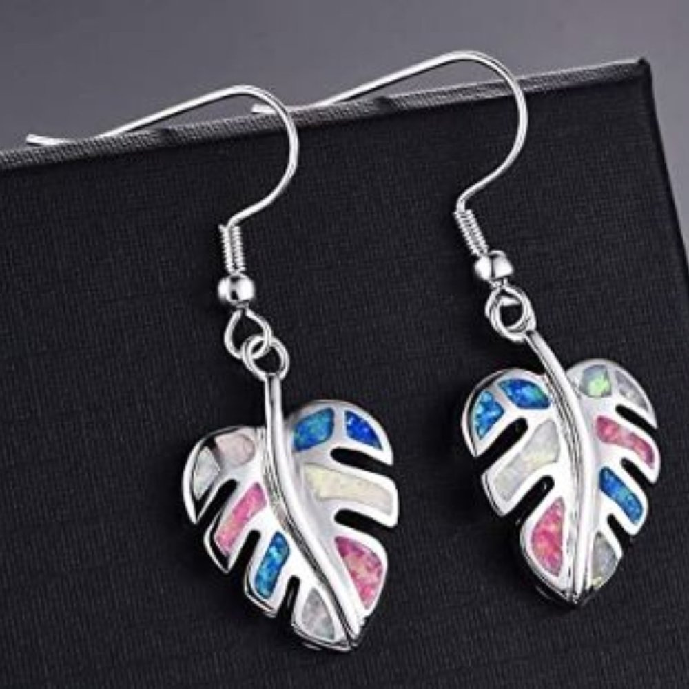 silver opal leaf design earrings